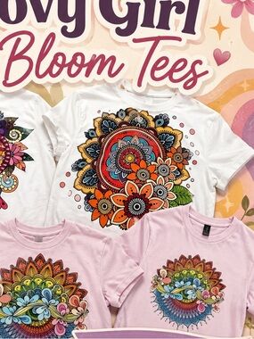 Short-Sleeve Tees with Multicolor Boho Blooms Mandala Graphics size L 3 colors